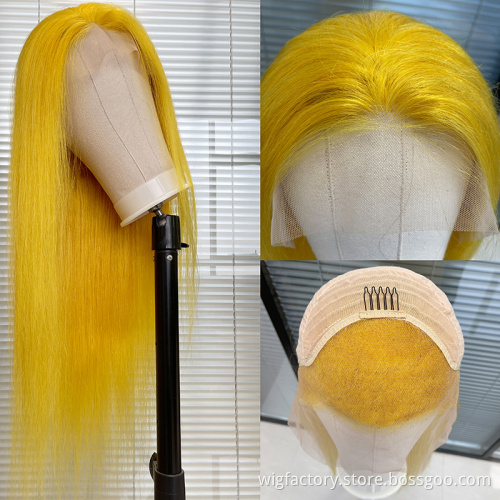 Wholesale Colored Human Hair yellow wig, pre plucked brazilian yellow lace frontal wigs, colorful straight yellow lace front wig